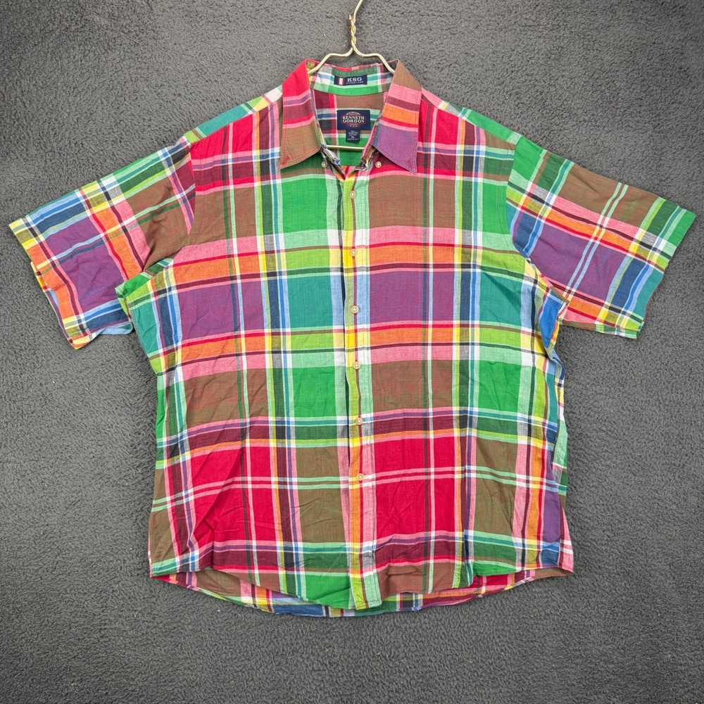 Vintage Kenneth Gordon Mens XL Madras Plaid Shirt Multi Short Sleeve Button Down